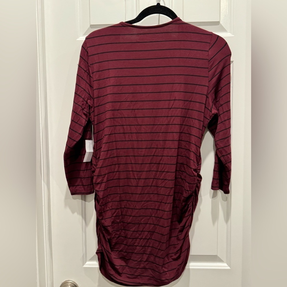 Pea in the Pod shirt maternity 3/4 sleeve stripe tunic, ruching maroon and black - Picture 2 of 5